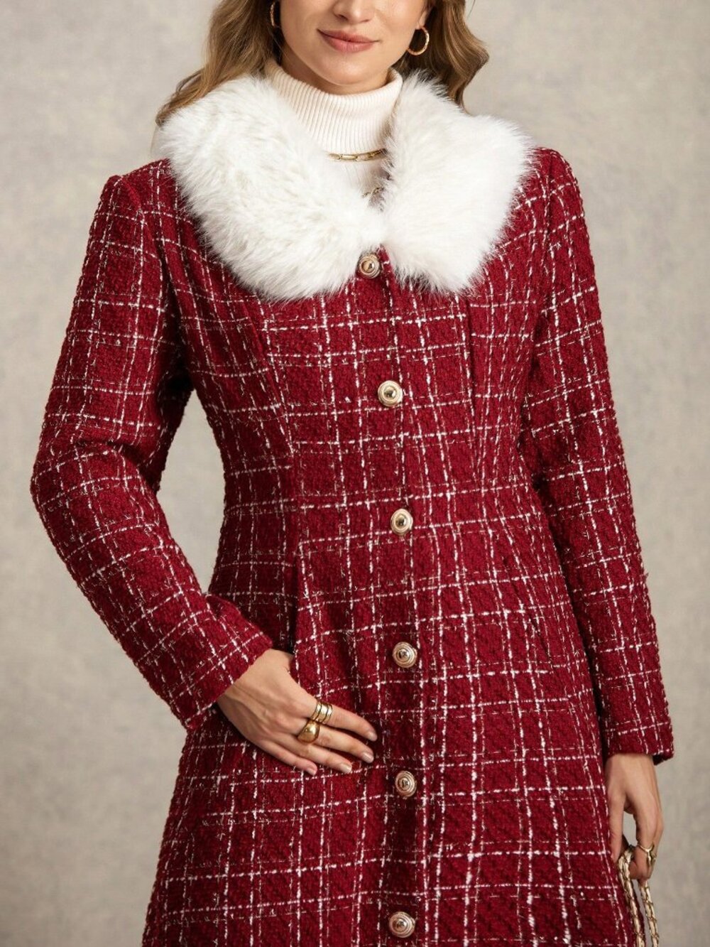 Red Elegant Women's Contrast Faux Fur Plaid Double-Breasted Midi Overcoat